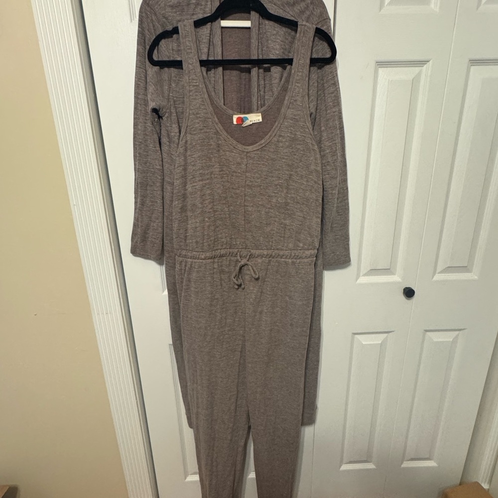 Free People Purple Gray Long Sleeve Jumpsuit with matching duster sweater